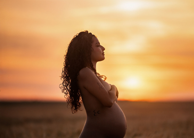 Silhouette d'une femme enceinte au coucher du soleil dans les champs près d'Essey-les-Nancy, photographe grossesse 54.