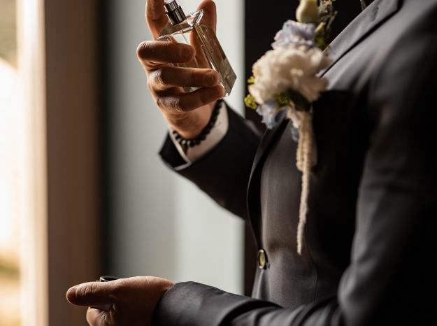 Portrait d'un homme en costume se parfumant devant une fenêtre à nancy