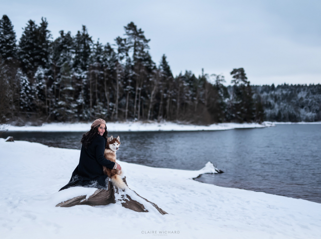 Shooting photo canin en hiver : balade enneigée au Lac de Pierre-Percée en janvier avec un Pomsky.