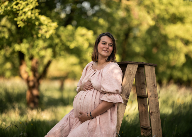 Femme enceinte en robe rose poudré posant dans un verger de mirabelliers près de Nancy pour une séance photo grossesse lumineuse en extérieur.