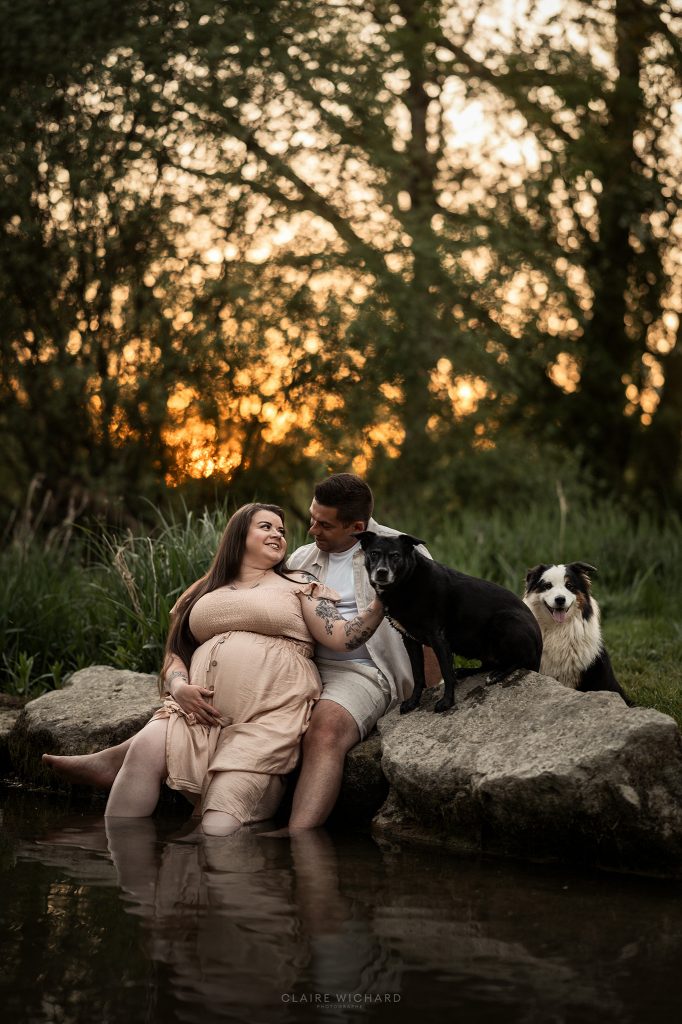 Séance photo de grossesse et d'animaux de compagnie près de Nancy. Un couple assis sur de gros rochers au bord de l'eau, les pieds immergés, pose entouré de ses deux chiens (un croisé noir et un Berger Australien) au crépuscule